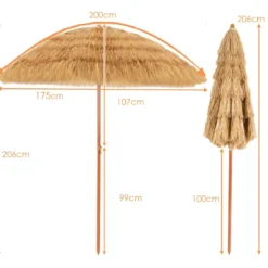 Strandschirm 175 cm Reisstroh Weiß + Beige + Sonnenliege mit Verstellbarer Rückenlehne Set Schwarz/Grau/Taupe