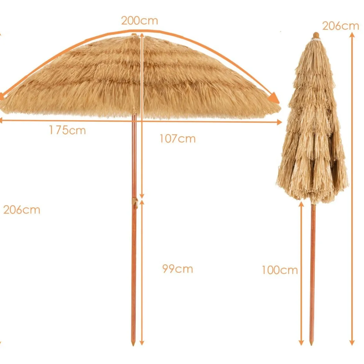 Strandschirm 175 cm Reisstroh Weiß + Beige + Sonnenliege mit Verstellbarer Rückenlehne Set Schwarz/Grau/Taupe