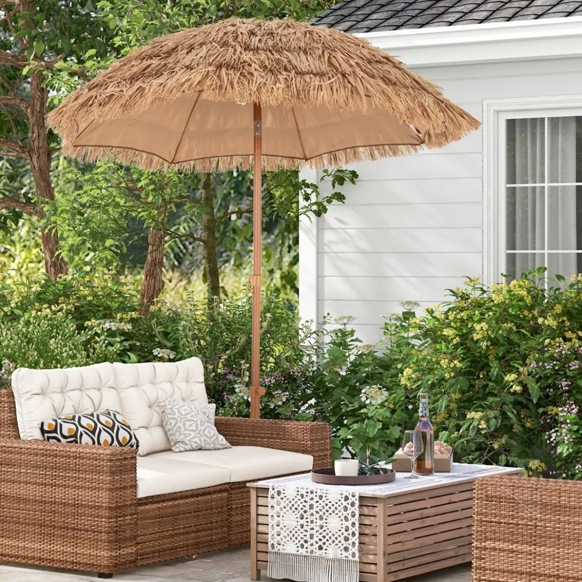 Strandschirm im Hawaii-Stil mit Klappbarem Ständer & Neigungsknopf & Tragetasche Tiki Schirm