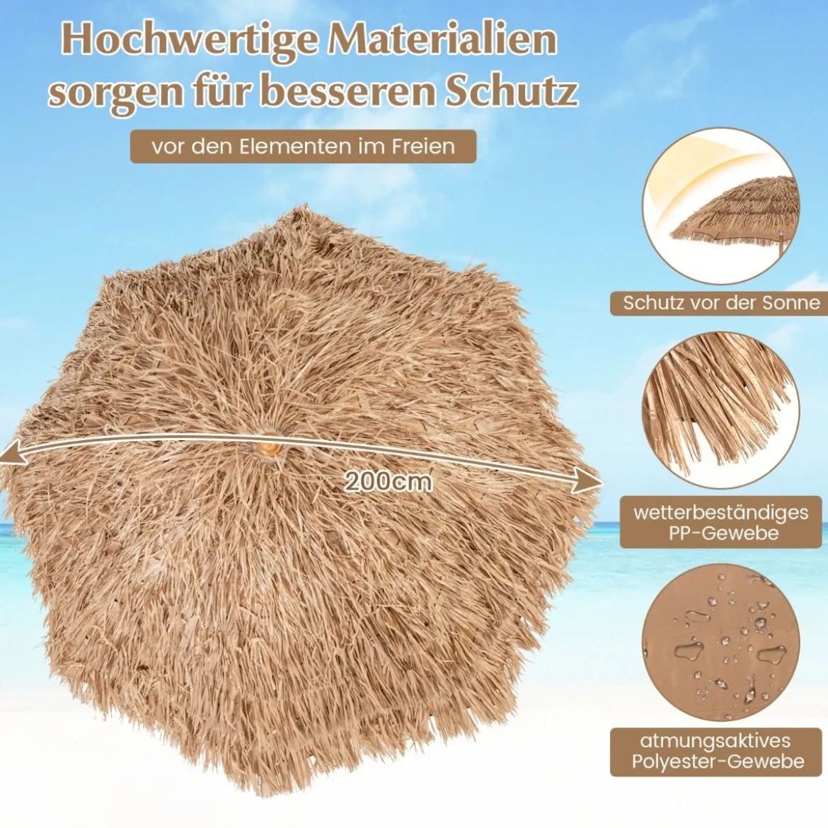Strandschirm im Hawaii-Stil mit Klappbarem Ständer & Neigungsknopf & Tragetasche Tiki Schirm