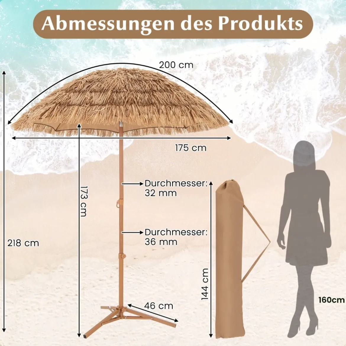 Strandschirm im Hawaii-Stil mit Klappbarem Ständer & Neigungsknopf & Tragetasche Tiki Schirm