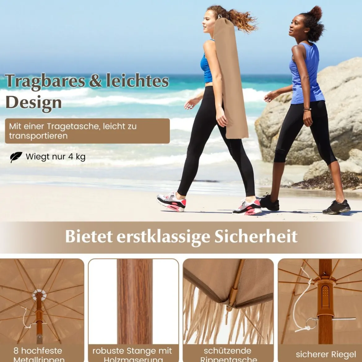 Strandschirm im Hawaii-Stil mit Klappbarem Ständer & Neigungsknopf & Tragetasche Tiki Schirm