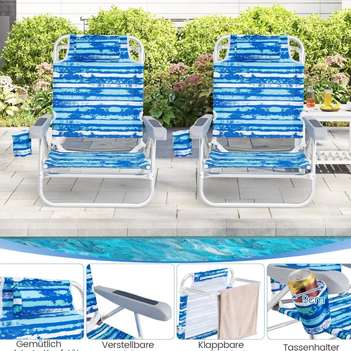 Strandstühle klappbar leicht 2er Set Campingstühle mit verstellbarer Rückenlehne Blau