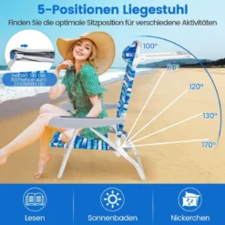 Strandstühle klappbar leicht 2er Set Campingstühle mit verstellbarer Rückenlehne Blau