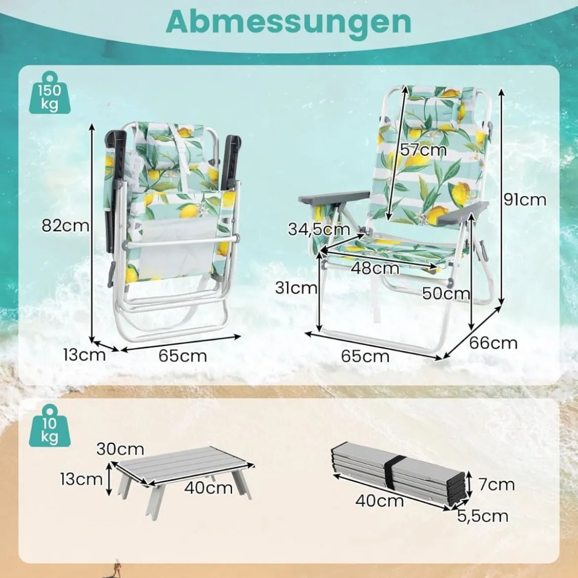 Strandstühle mit Tisch Klappbare Campingstühle mit Verstellbarer Rückenlehne Klappstühle Grün
