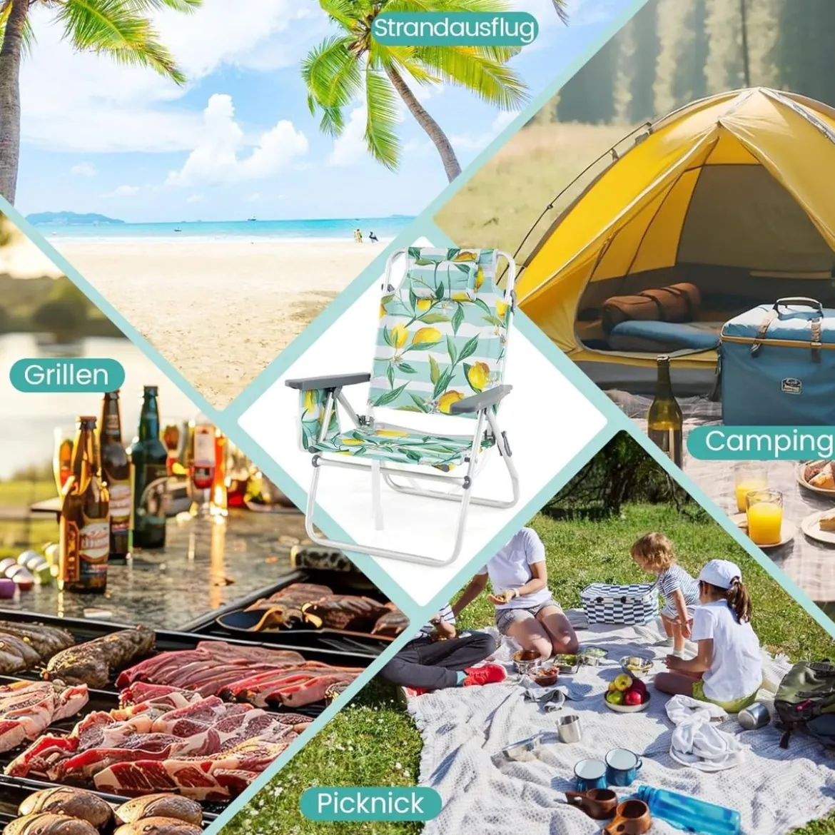 Strandstühle mit Tisch Klappbare Campingstühle mit Verstellbarer Rückenlehne Klappstühle Grün