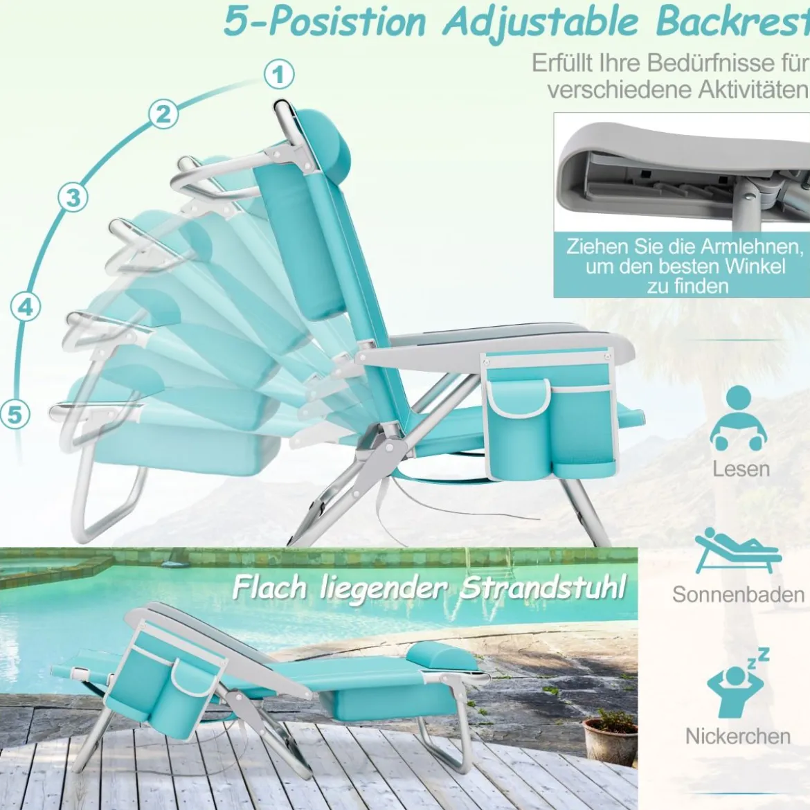Strandstühle 1/2 x Strandstuhl klappbare Campingstühle mit Verstellbarer Rückenlehne
