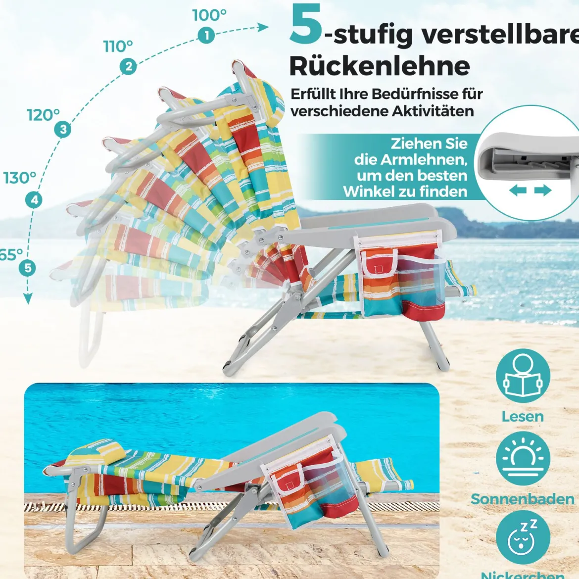 Strandstühle 1/2 x Strandstuhl klappbare Campingstühle mit Verstellbarer Rückenlehne
