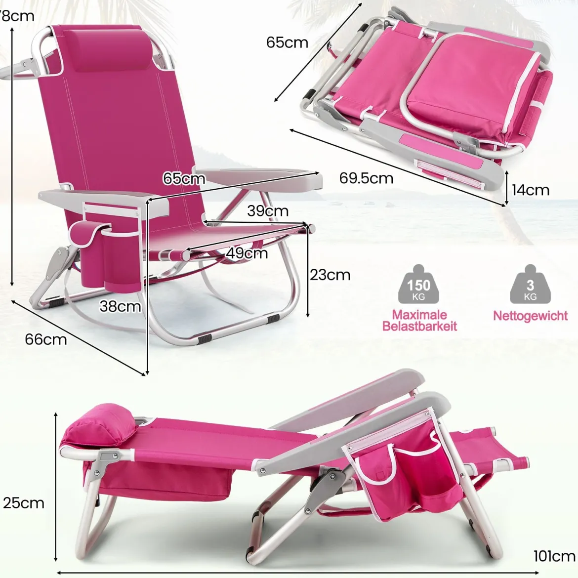 Strandstühle 1/2 x Strandstuhl klappbare Campingstühle mit Verstellbarer Rückenlehne