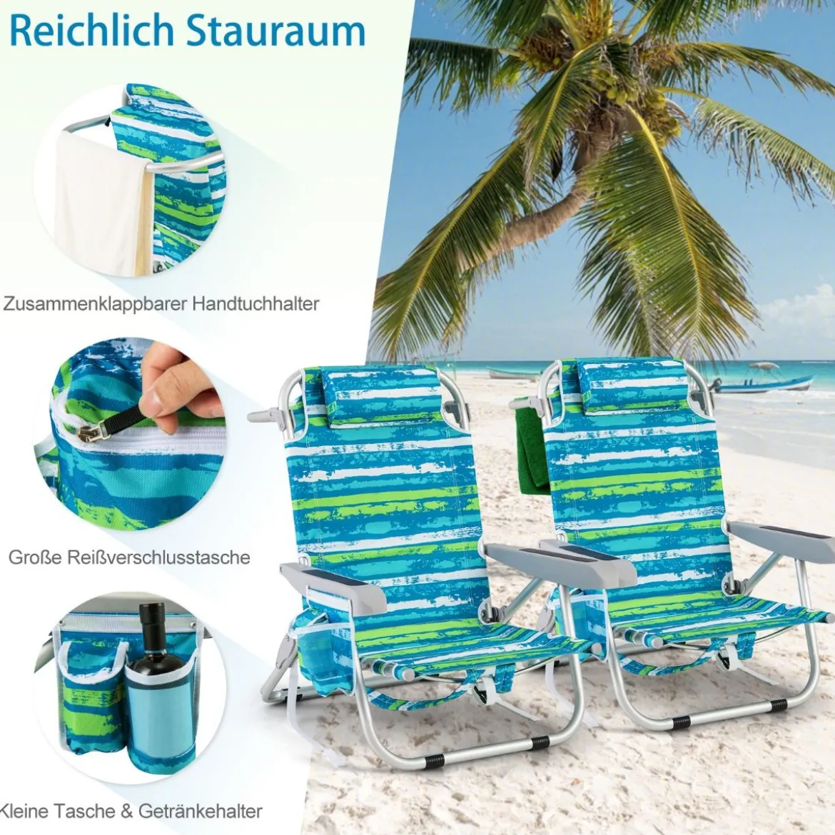 Strandstühle 1/2 x Strandstuhl klappbare Campingstühle mit Verstellbarer Rückenlehne