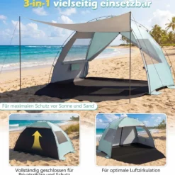 Strandzelt mit Vordach Strandmuschel UV-Schutz 50+ mit Reißverschlusstüren & Netzfenstern Grün