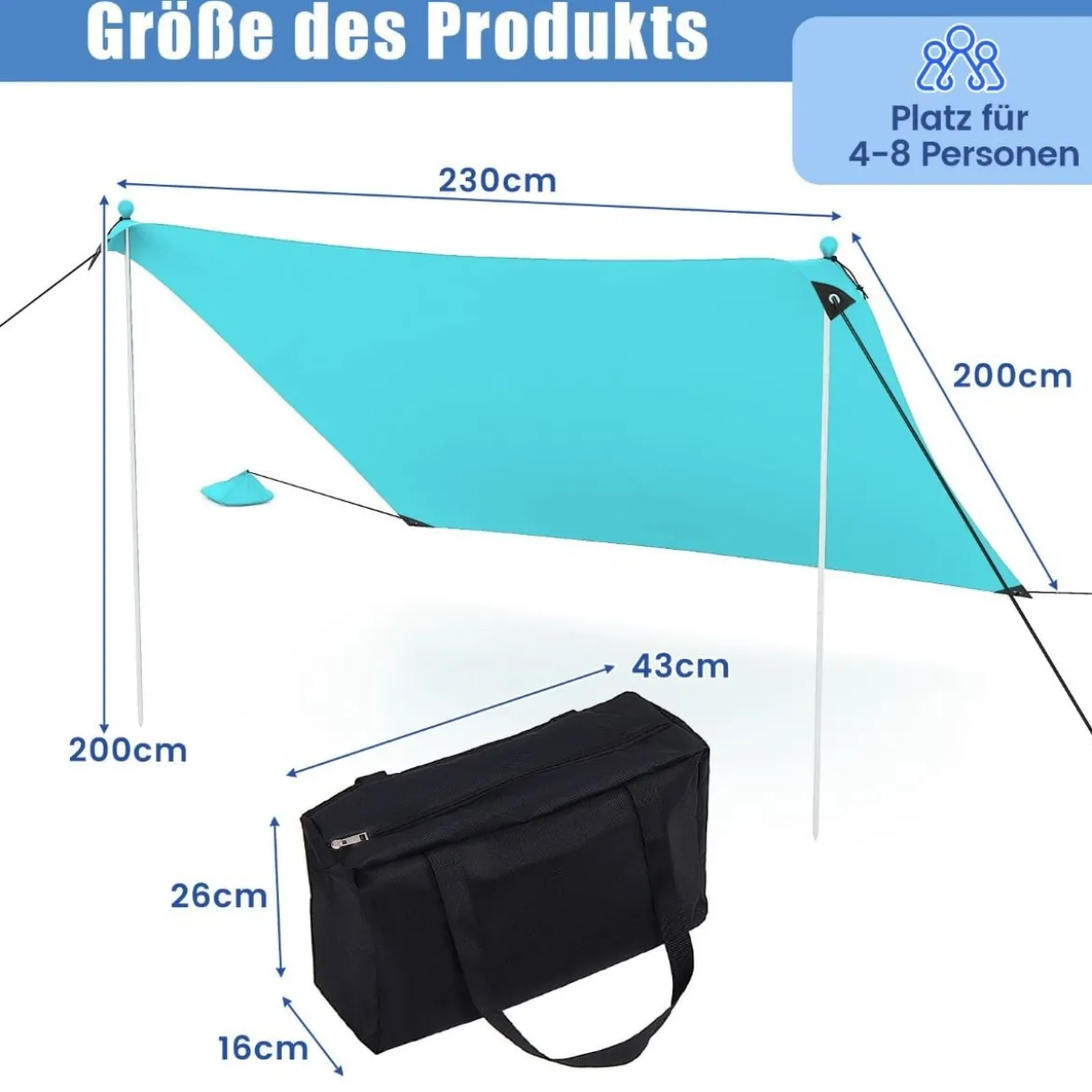 Strandzelt 230 x 200 cm UPF 50+ Sonnenzelt mit Sandankern Sandsäcken und 2 Stützstangen Türkis