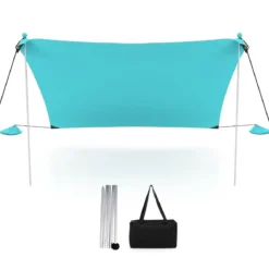 Strandzelt 230 x 200 cm UPF 50+ Sonnenzelt mit Sandankern Sandsäcken und 2 Stützstangen Türkis