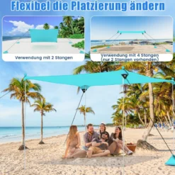 Strandzelt 230 x 200 cm UPF 50+ Sonnenzelt mit Sandankern Sandsäcken und 2 Stützstangen Türkis
