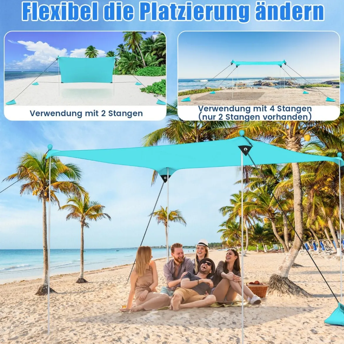 Strandzelt 230 x 200 cm UPF 50+ Sonnenzelt mit Sandankern Sandsäcken und 2 Stützstangen Türkis