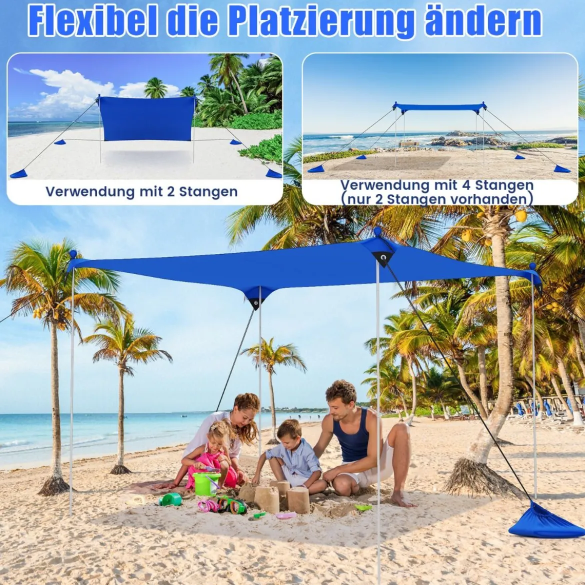 Strandzelt 230 x 200 cm UPF 50+ Sonnenzelt mit Sandankern Sandsäcken und 2 Stützstangen Blau