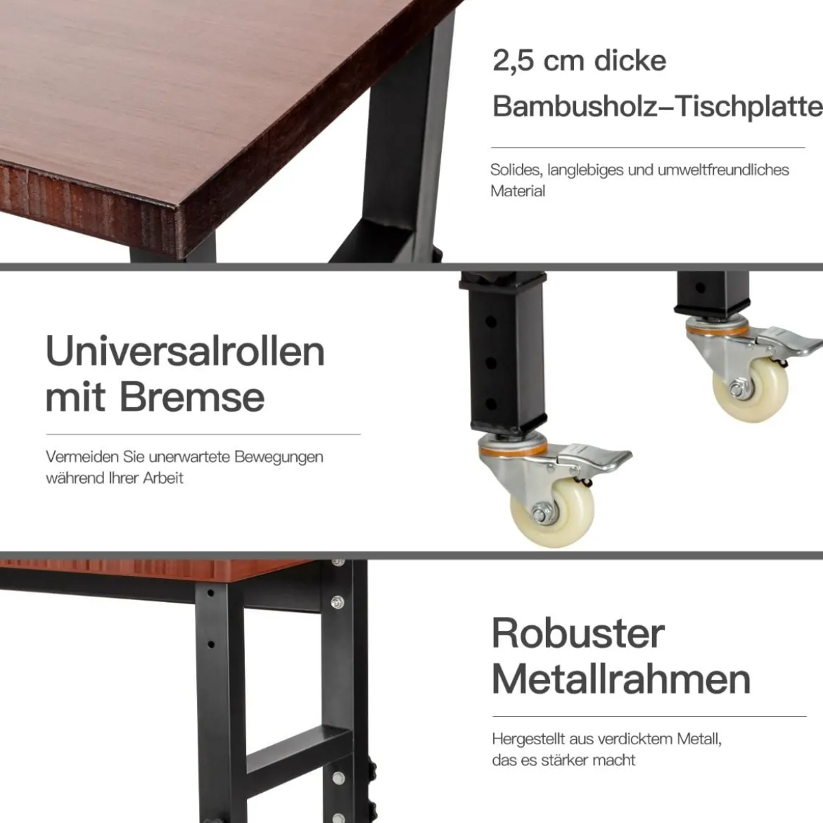 Strapazierfähiger Arbeitstisch aus Bambus verstellbare Werkbank 120 x 60 x 77-101 cm Braun