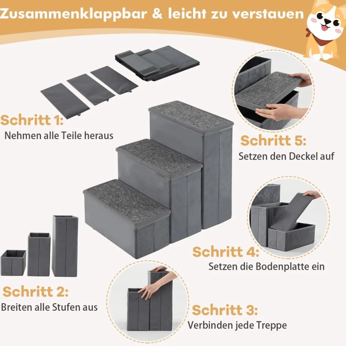3-Stufen Hundetreppe Rutschfeste Faltbare Hunderrampe Tragbare Haustier Kletterleiter