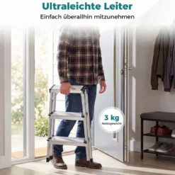 3-Stufen-Leiter Aluminium klappbarer Tritthocker mit breiten Trittflächen & rutschfesten Fußpads Silber
