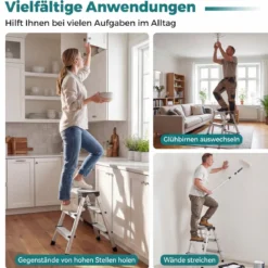 3-Stufen-Leiter Aluminium klappbarer Tritthocker mit breiten Trittflächen & rutschfesten Fußpads Silber