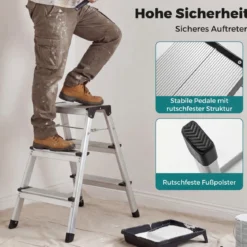 3-Stufen-Leiter Aluminium klappbarer Tritthocker mit breiten Trittflächen & rutschfesten Fußpads Silber