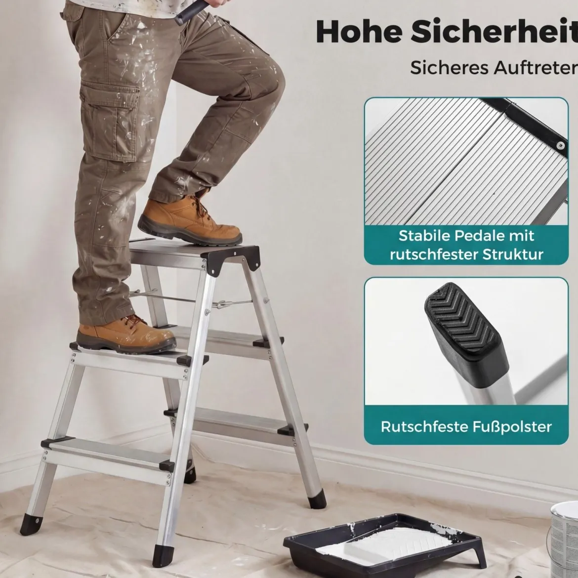 3-Stufen-Leiter Aluminium klappbarer Tritthocker mit breiten Trittflächen & rutschfesten Fußpads Silber