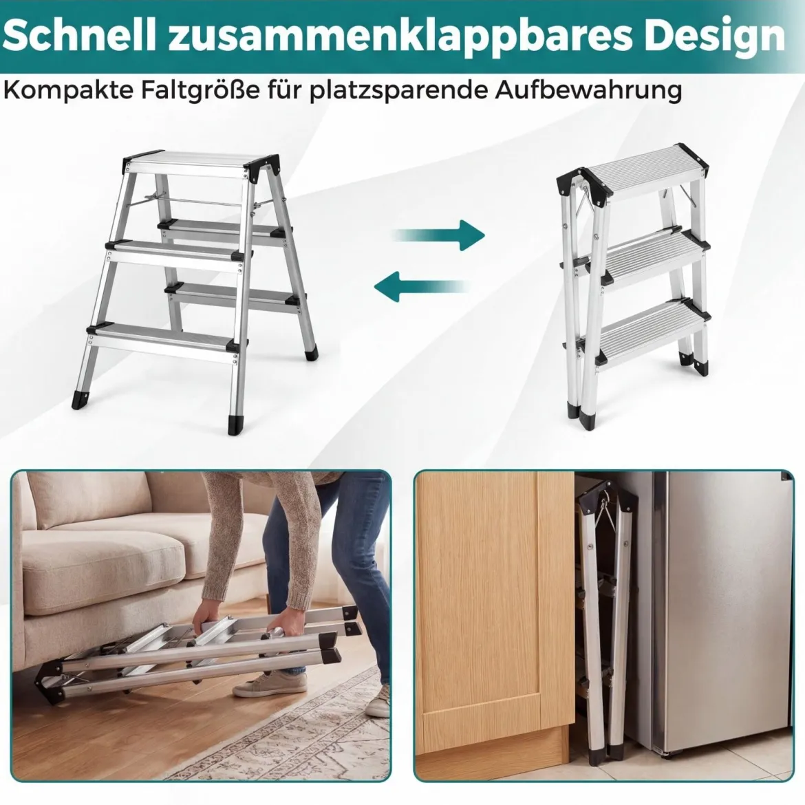 3-Stufen-Leiter Aluminium klappbarer Tritthocker mit breiten Trittflächen & rutschfesten Fußpads Silber
