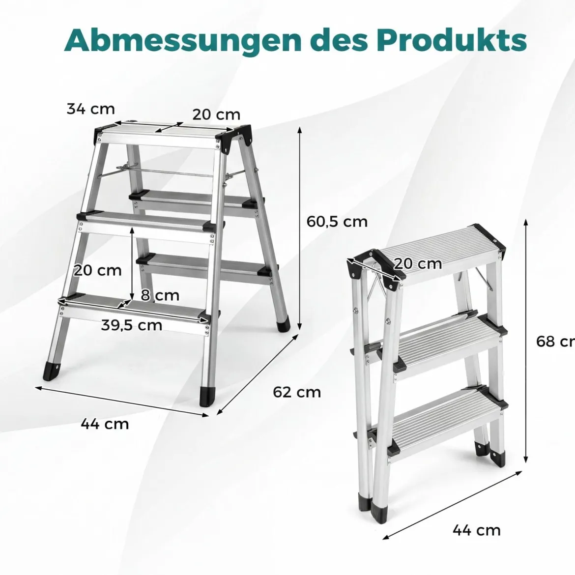 3-Stufen-Leiter Aluminium klappbarer Tritthocker mit breiten Trittflächen & rutschfesten Fußpads Silber