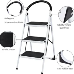 3-Stufen-Leiter mit Platzsparende Klappdesign & Handgriff & Rutschfesten Trittflächen 108x47x65cm