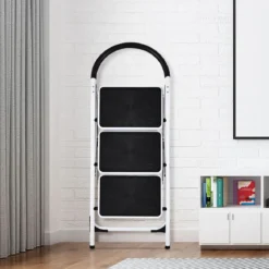 3-Stufen-Leiter mit Platzsparende Klappdesign & Handgriff & Rutschfesten Trittflächen 108x47x65cm