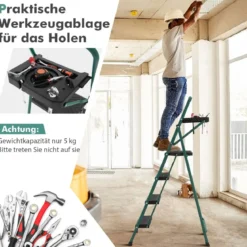 4-Stufen-Leiter mit Werkzeugablage rutschfesten Fußpolstern & Pedalen 150 kg Tragkraft