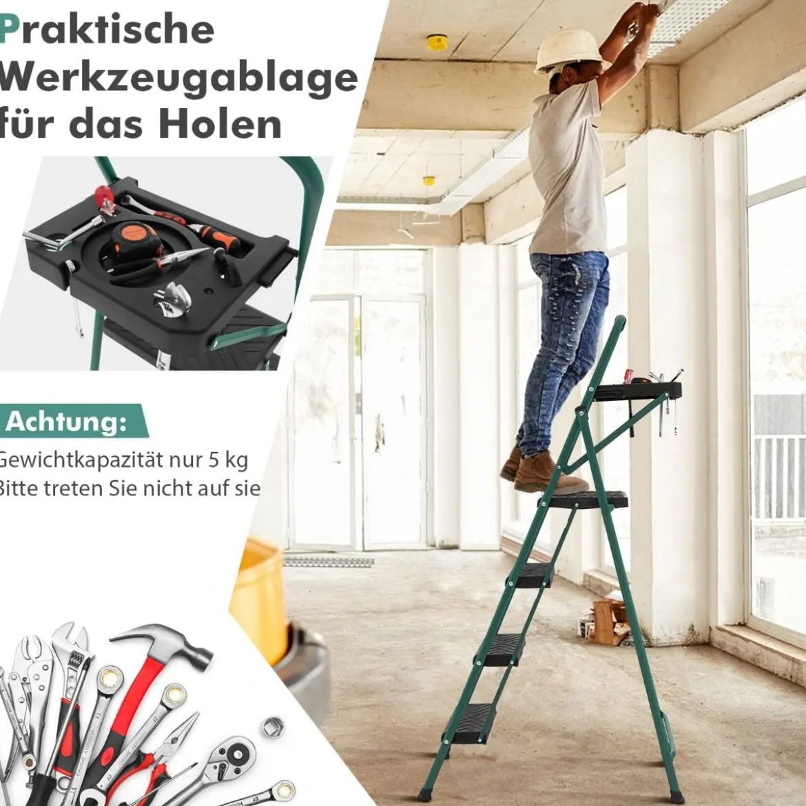 4-Stufen-Leiter mit Werkzeugablage rutschfesten Fußpolstern & Pedalen 150 kg Tragkraft