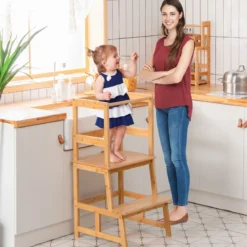 2 Stufen Lernturm Kinder Tritthocker mit Handlauf 46 x 46 x 90 cm Natur