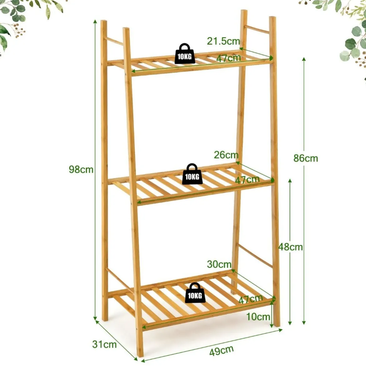 3-Stufige Bambusleiter Freistehendes Eck-Pflanzenregal 49 x 31 x 98 cm Natur
