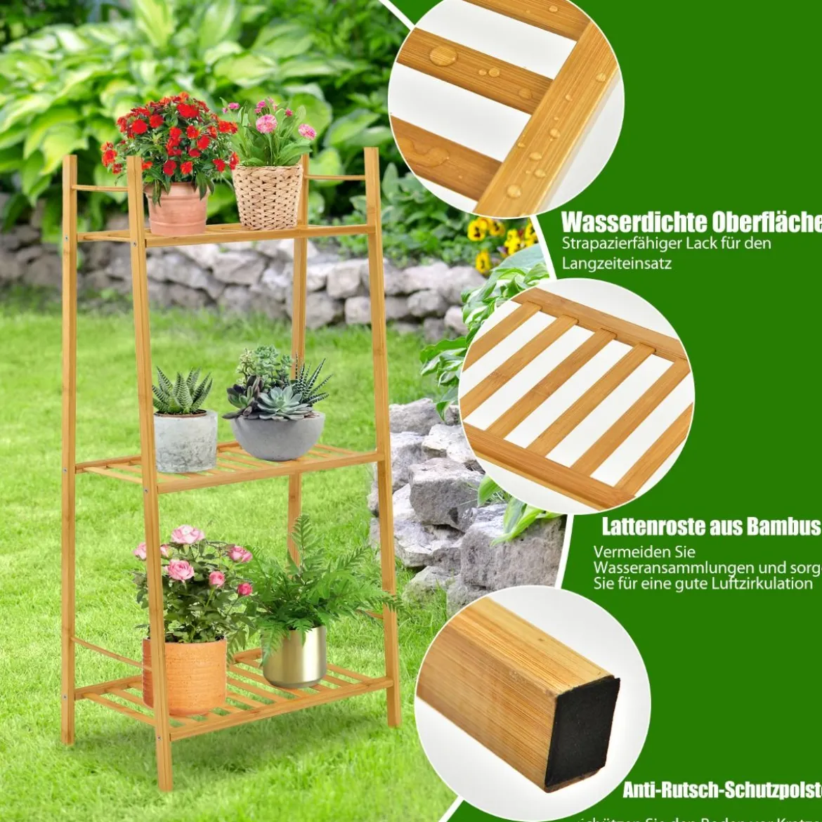 3-Stufige Bambusleiter Freistehendes Eck-Pflanzenregal 49 x 31 x 98 cm Natur
