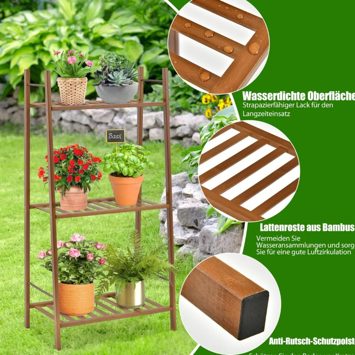 3-Stufige Bambusleiter Freistehendes Eck-Pflanzenregal 49 x 31 x 98 cm Braun