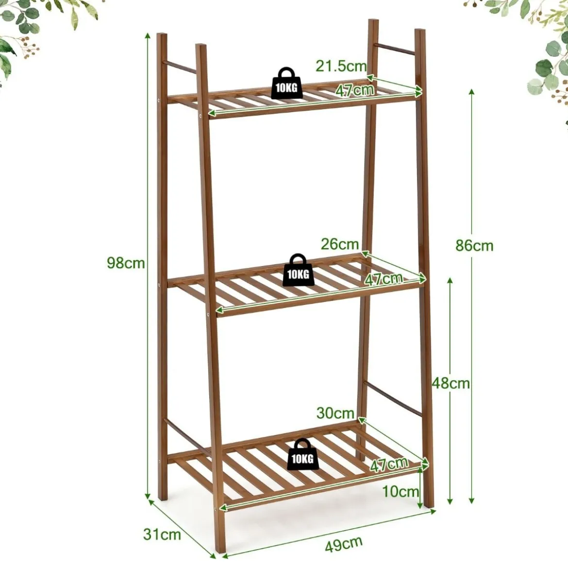 3-Stufige Bambusleiter Freistehendes Eck-Pflanzenregal 49 x 31 x 98 cm Braun