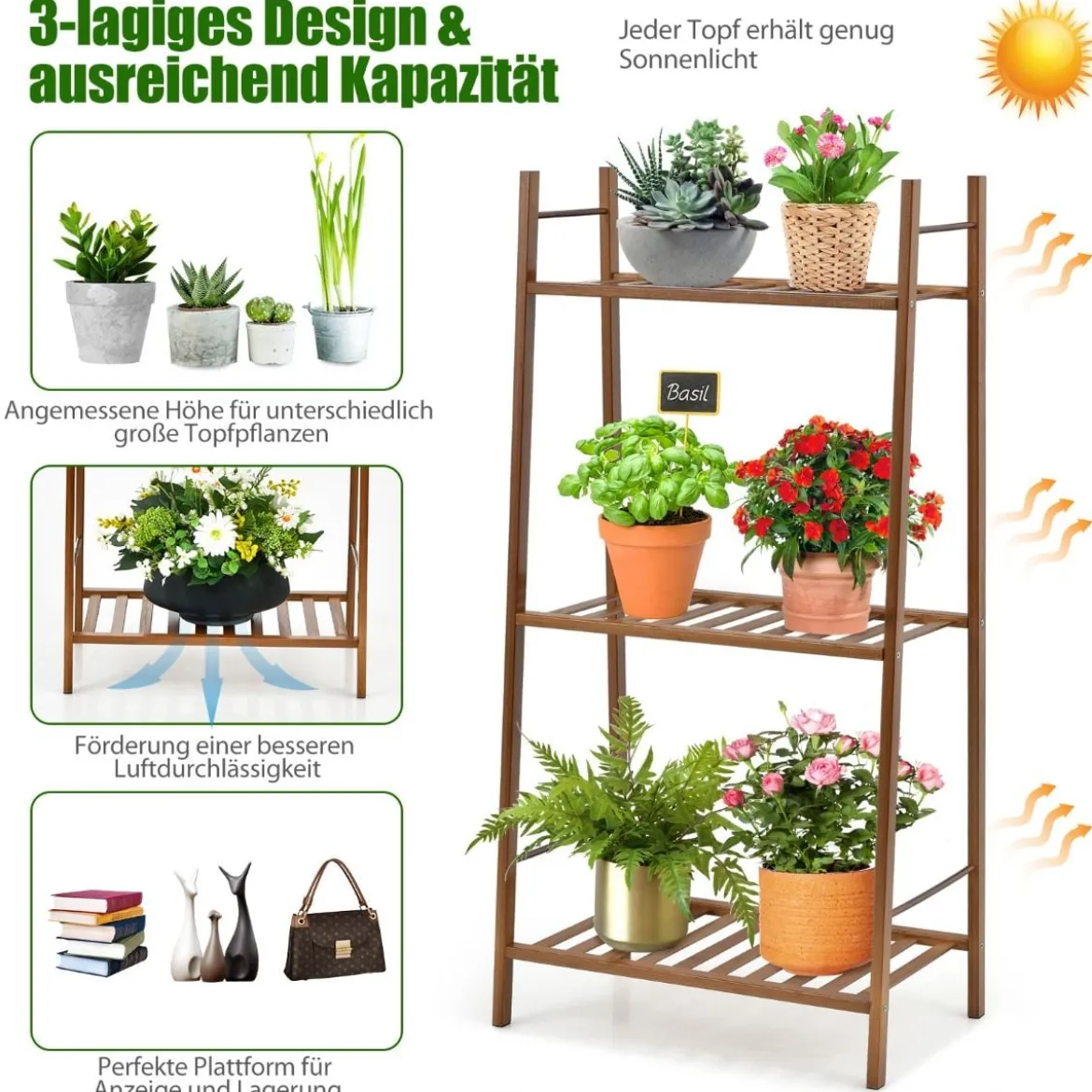 3-Stufige Bambusleiter Freistehendes Eck-Pflanzenregal 49 x 31 x 98 cm Braun