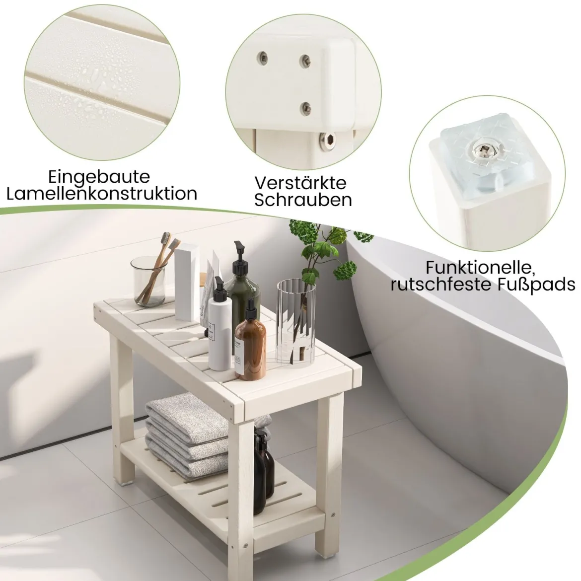 2-stufige Duschbank wasserdichter HDPE-Badezimmer-Duschhocker mit Aufbewahrungsfach Weiß