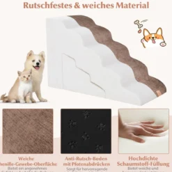 5-& 3-stufige Hundetreppe mit Chenille-Stoffoberfläche & Tierhaarbürste Rutschfest Braun