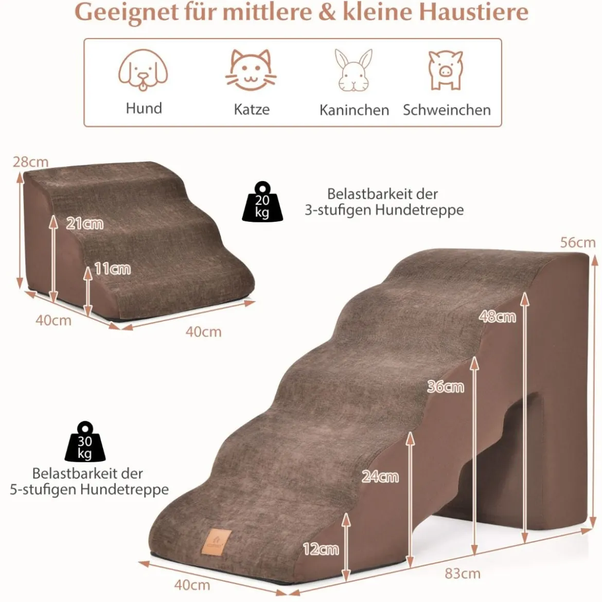 5-& 3-stufige Hundetreppe mit Chenille-Stoffoberfläche & Tierhaarbürste Rutschfest Braun