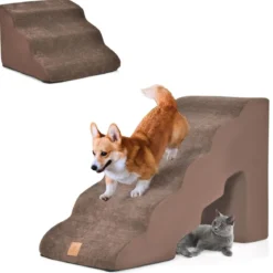 5-& 3-stufige Hundetreppe mit Chenille-Stoffoberfläche & Tierhaarbürste Rutschfest Braun