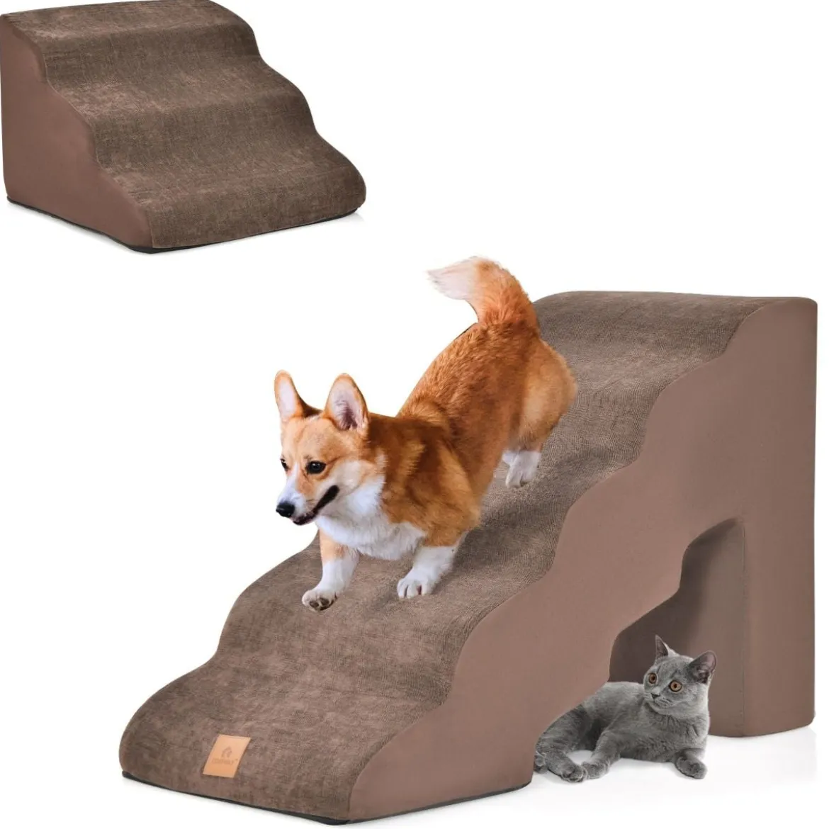 5-& 3-stufige Hundetreppe mit Chenille-Stoffoberfläche & Tierhaarbürste Rutschfest Braun