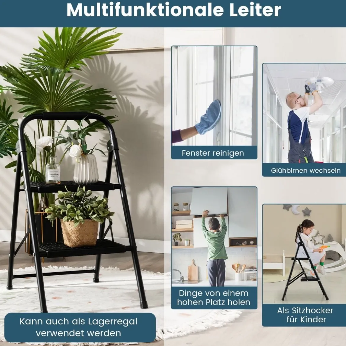 2-Stufige Leiter Klappbarer Tritthocker mit Gepolstertem Handgriff 47 x 39 x 71 cm Schwarz