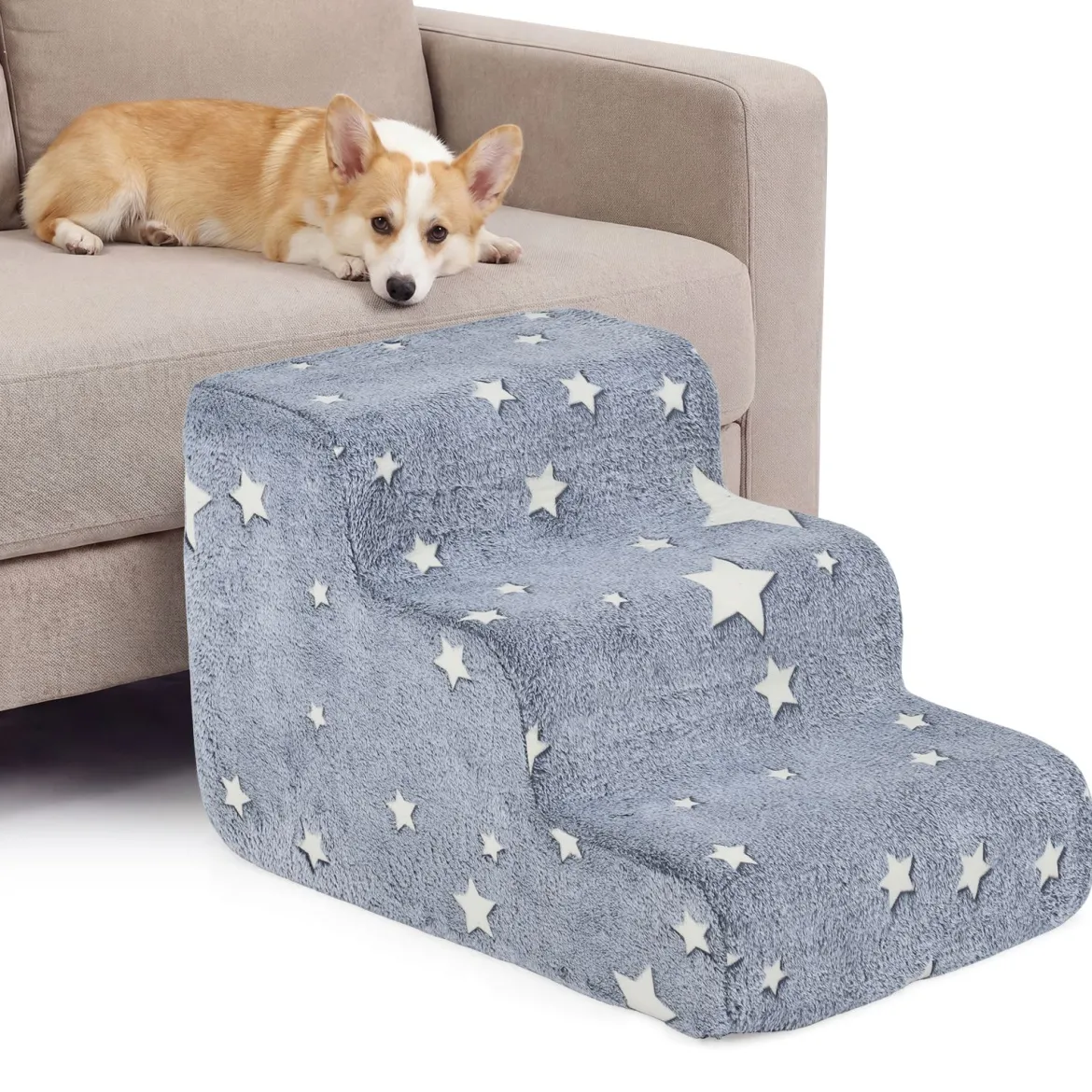 3-stufige Leuchtende Schaumstoff Hundetreppen mit Waschbarer Flanellbezug Haustiertreppe Grau