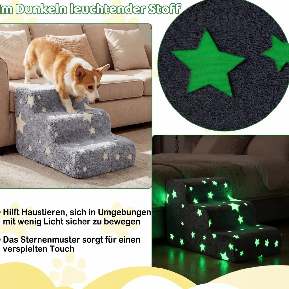 3-stufige Leuchtende Schaumstoff Hundetreppen mit Waschbarer Flanellbezug Haustiertreppe Grau
