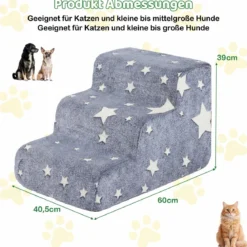 3-stufige Leuchtende Schaumstoff Hundetreppen mit Waschbarer Flanellbezug Haustiertreppe Grau