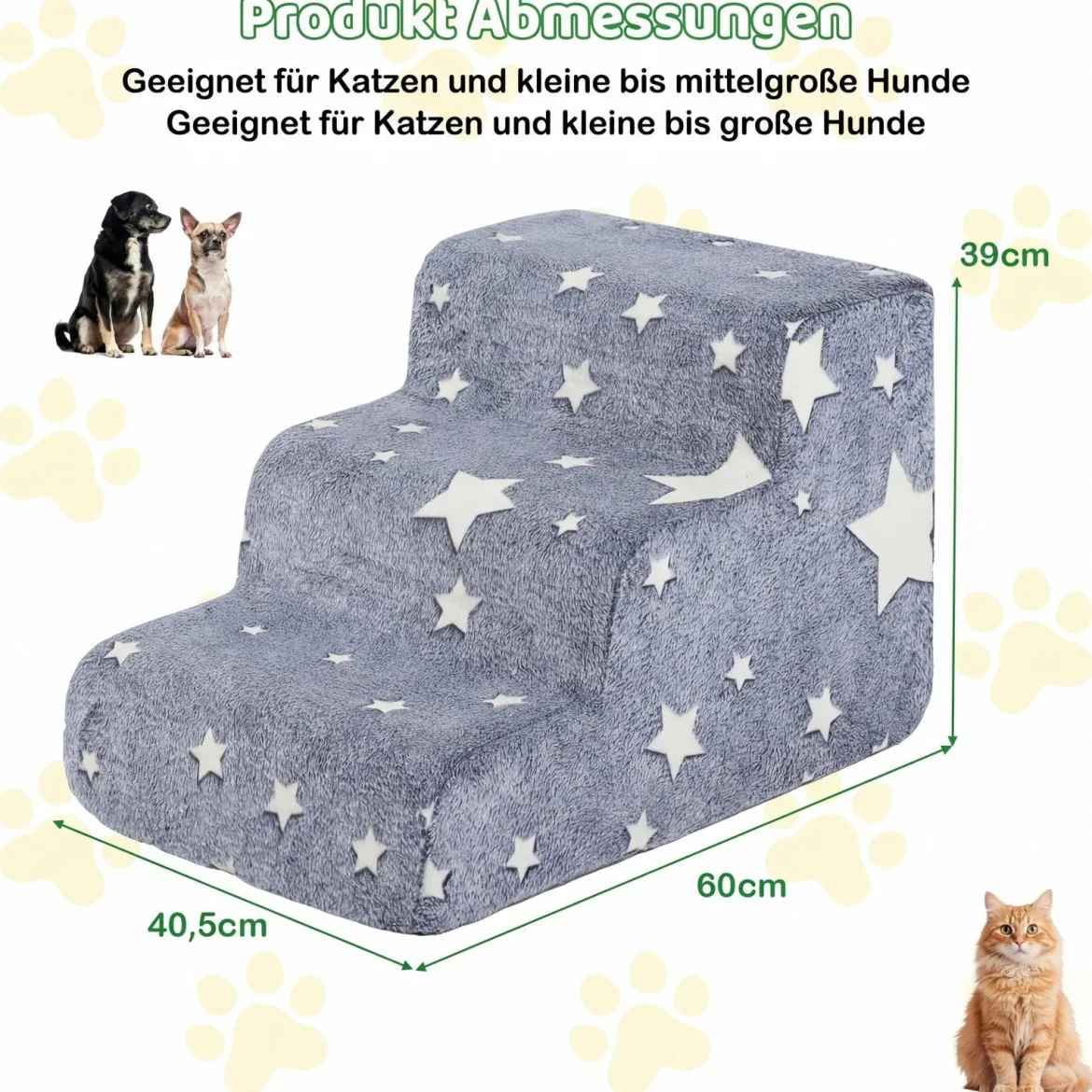 3-stufige Leuchtende Schaumstoff Hundetreppen mit Waschbarer Flanellbezug Haustiertreppe Grau
