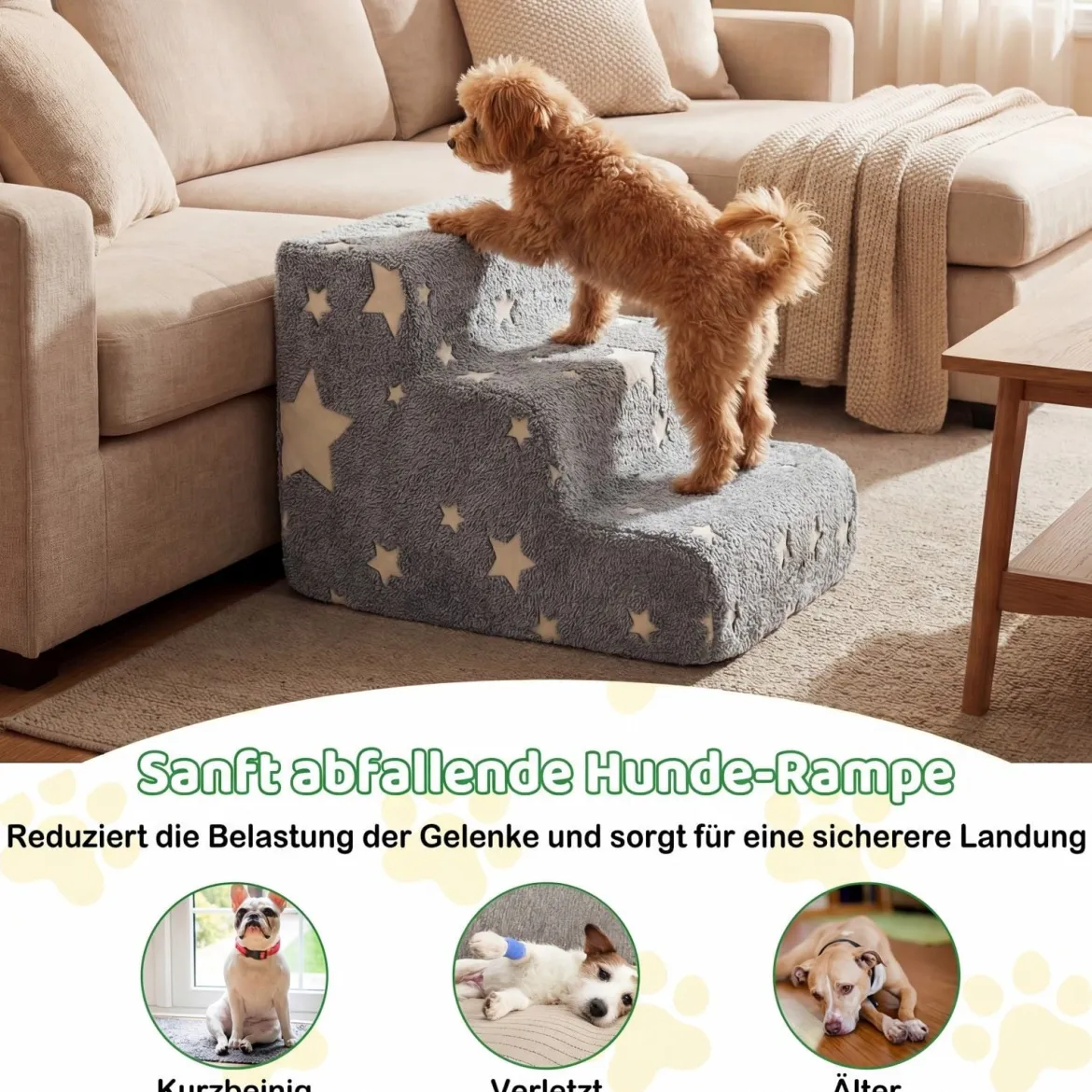 3-stufige Leuchtende Schaumstoff Hundetreppen mit Waschbarer Flanellbezug Haustiertreppe Grau