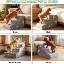 3-stufige Leuchtende Schaumstoff Hundetreppen mit Waschbarer Flanellbezug Haustiertreppe Grau
